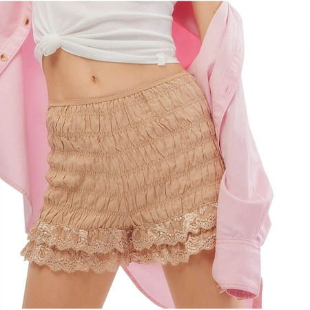 Besolor Womens Ruffle Lace Trim Bloomers Smocked Mini Shorts Cute Frill Ruched Pj Bottoms Pajama Shorts Sleepwear