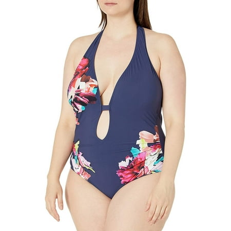 Kenneth Cole New York Womens Halter Plunge Mio One Piece Swimsuit, Multi//Dark Romance, 2X