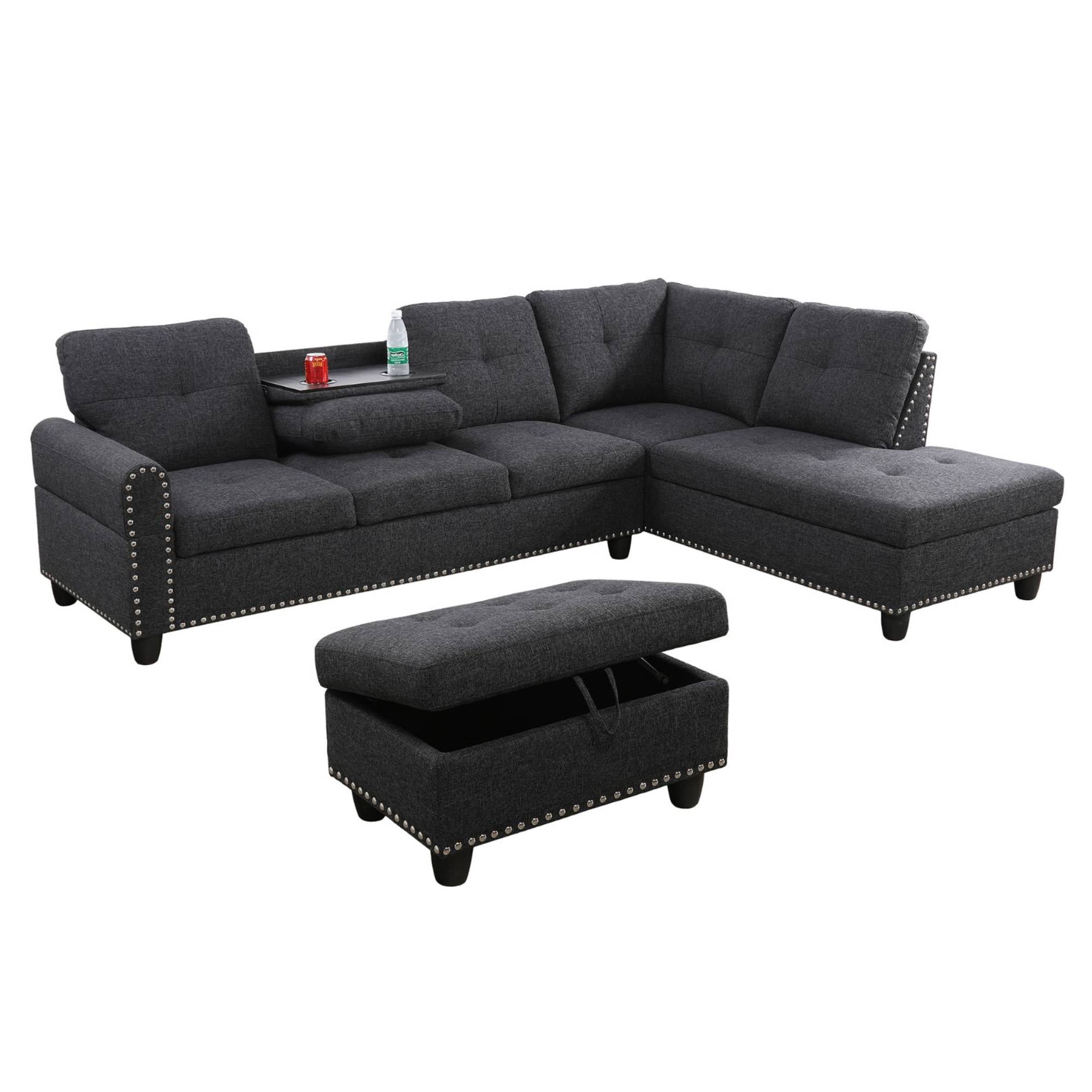 L Shaped Couch Modern Sectional Sofa with Right Chaise & Ottoman Modular Linen Sofa Couch Set for&nbsp;Living Room, Black