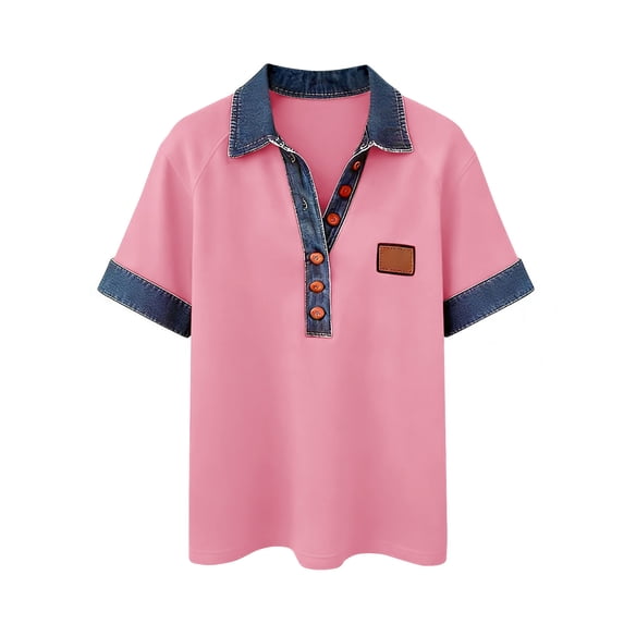 Womens Denim Patchwork Lapel T-Shirts, Short Sleeve Shirts for Women Summer Business Casual Loose Fit Button Up Tees