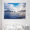 thumbnail image 1 of Nautical Tapestry, Sailing Boat and White Sails on Sea Waves with Cloudy Sky Adventure Photo, Wall Hanging for Bedroom Living Room Dorm Decor, 80W X 60L Inches, Blue and White, by Ambesonne, 1 of 2