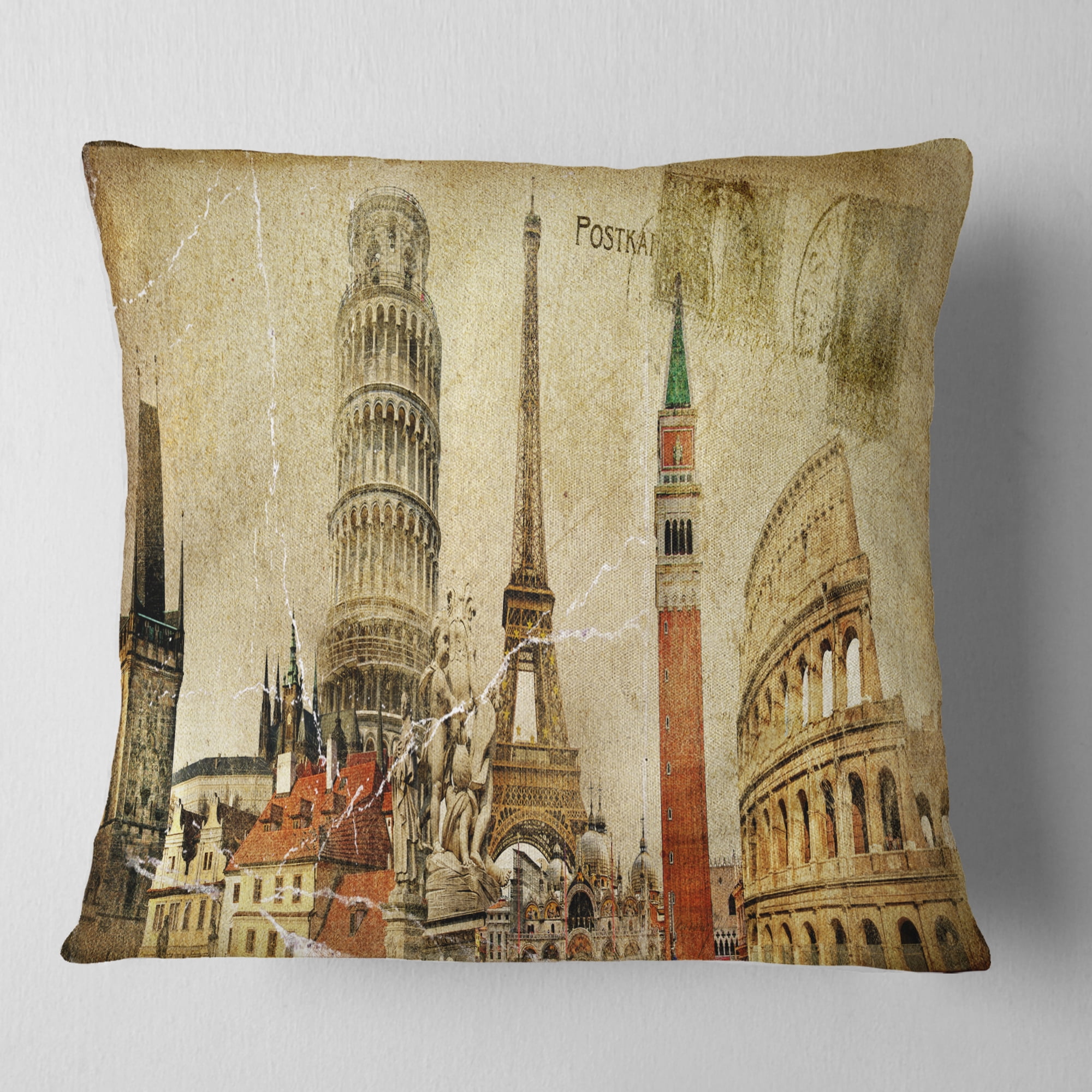Designart Vintage Postal Card - Contemporary Throw Pillow - 16x16