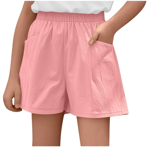 yoeyez Shorts for Girls Clearance,Baby Girls Cotton Linen Baggy Ruffle Short Pants Solid Color Elastic Waist Shorts With Pockets Casual Solid Summer Shorts for 15-16 Years