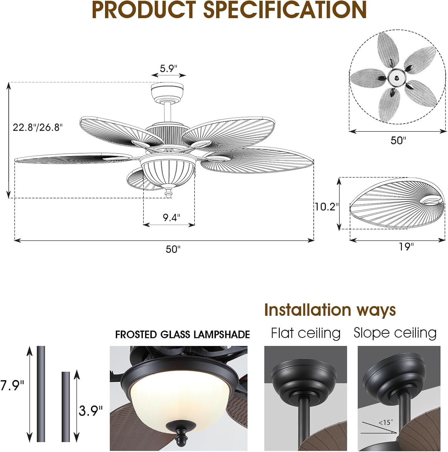 PHORUS 50" Tropical Ceiling Fan with Light and Remote/APP, Outdoor Waterproof Palm Leaf Ceiling Fan, 6 Speeds Quiet DC Motor, Wet Rated for Patio, Porch, Dark Brown