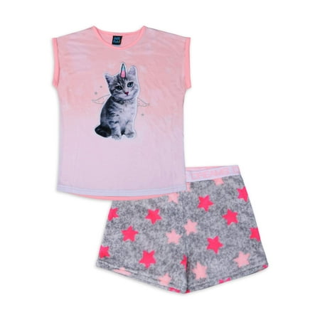 Jellifish Kids Girls 4-14 Bright Cat Matching Short & Tee Pajama Set