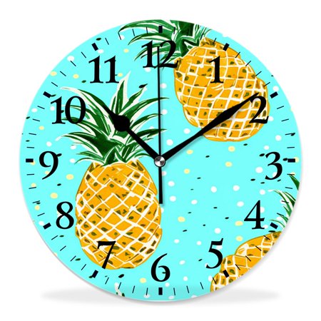 12 Inch Wall Clock Battery Operated Silent Clock Decorative for Office, Kitchen, Outdoor, Living Room，Cartoon Pineapple on Green Cute Art