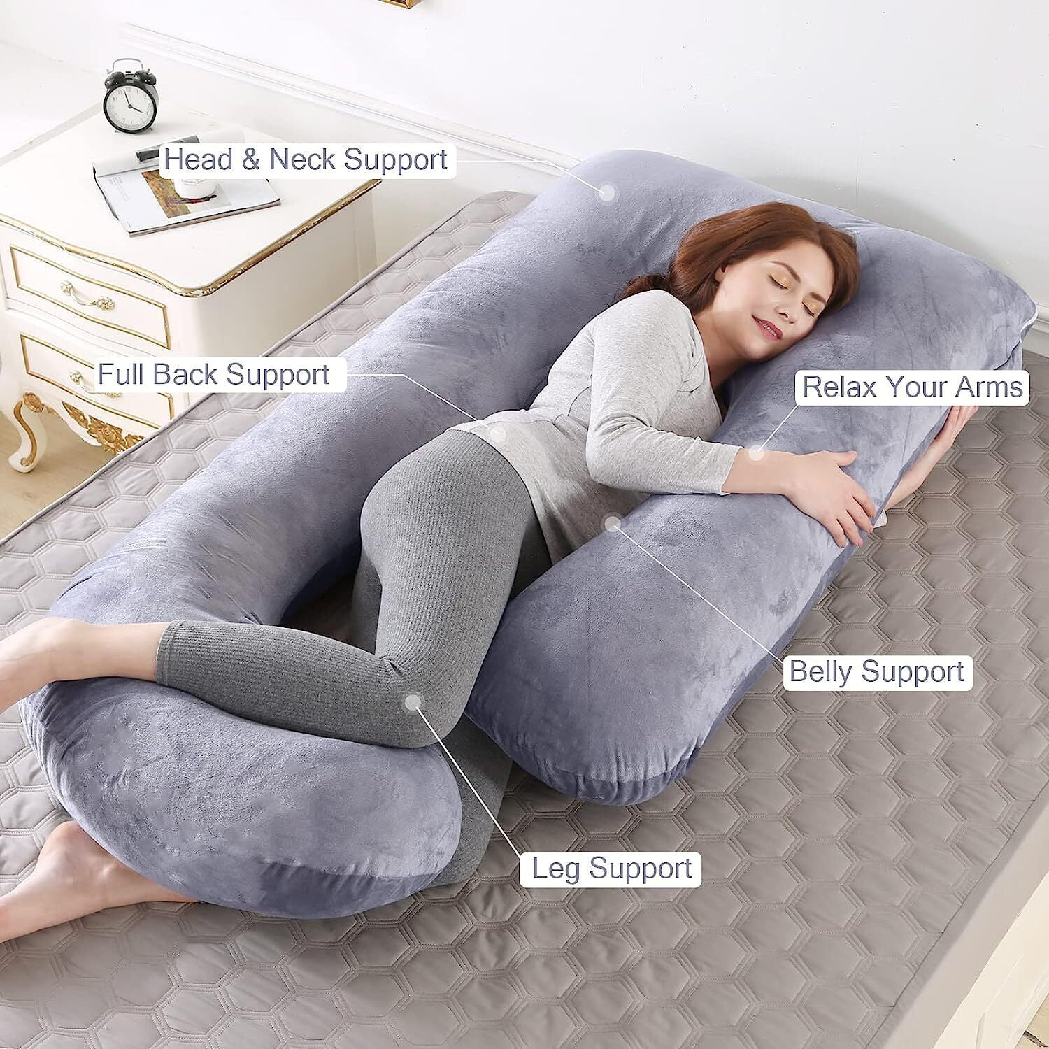 SHANNA Pregnancy Pillow 57 inches J Shape Full Body Maternity Pillow Belly Countered Support for Pregnant Women, Dark Gray