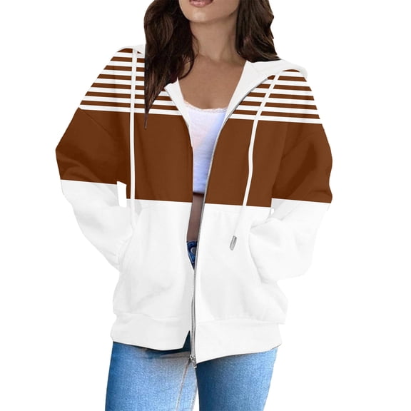 QHFBli Womens Hoodie 2025 Striped Color Block Zip Up Hoodies with Pockets Hooded Sweatshirt Hoodie Women Jacket