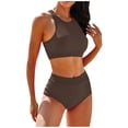 thumbnail image 2 of Women's Two Piece Swimsuit Set Solid Color Print Tank Top High Waist Bikini Bottom for Beach Pool Vacation,Brown,S, 2 of 8