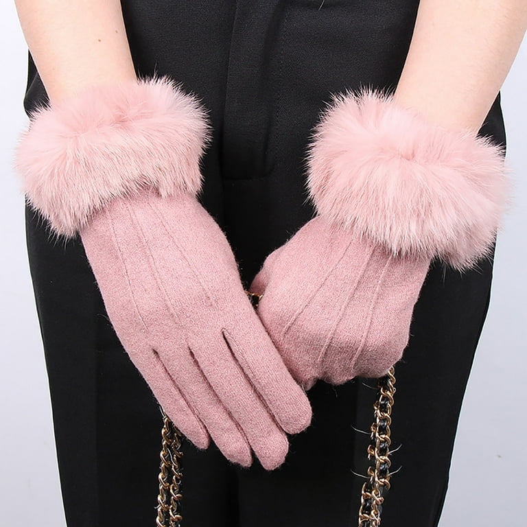 1 Pair Women Gloves Faux Fur Wrist Full Finger Touchscreen Thickened Soft Keep Warm Solid Color Autumn Winter A