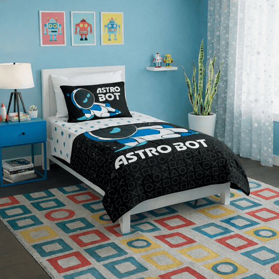 Sony Playstation Astro Bot Relax Astro Reversible Bedding Set, Twin 4 Piece Bed in a Bag with Comforter, Sheets, and Pillowcase