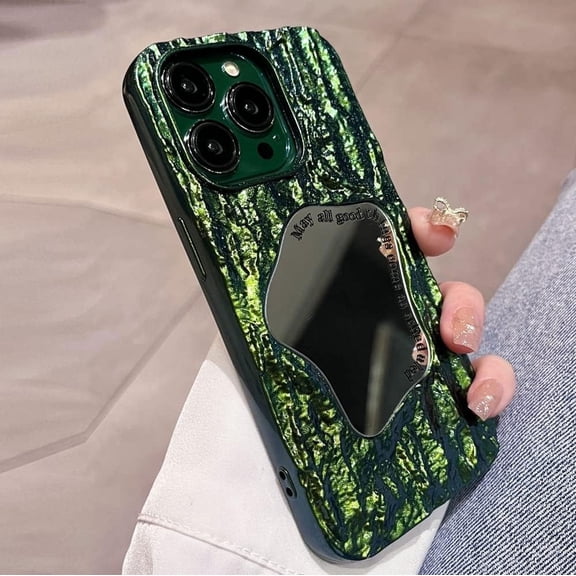 Ins Rock Pattern Make Up Mirror Case for iPhone 14 Pro Max Phone Cases for iPhone 12 13 Pro Max Women Girls Soft Fashion Glossy Shockproof Cover (Green,for iPhone 13 Pro)