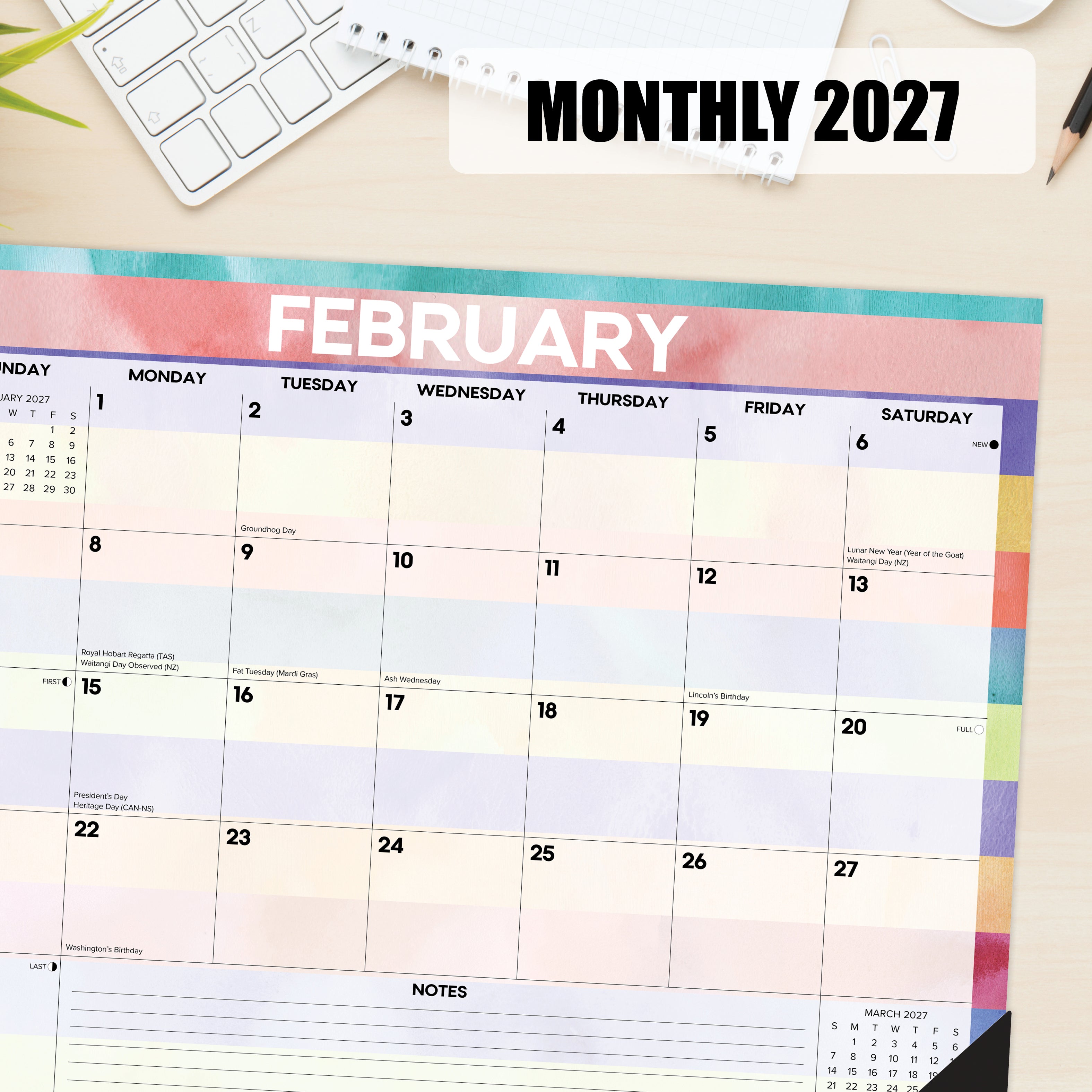 Willow Creek Press Watercolor Stripes 2027 22" x 17" Large Monthly Deskpad (66645)