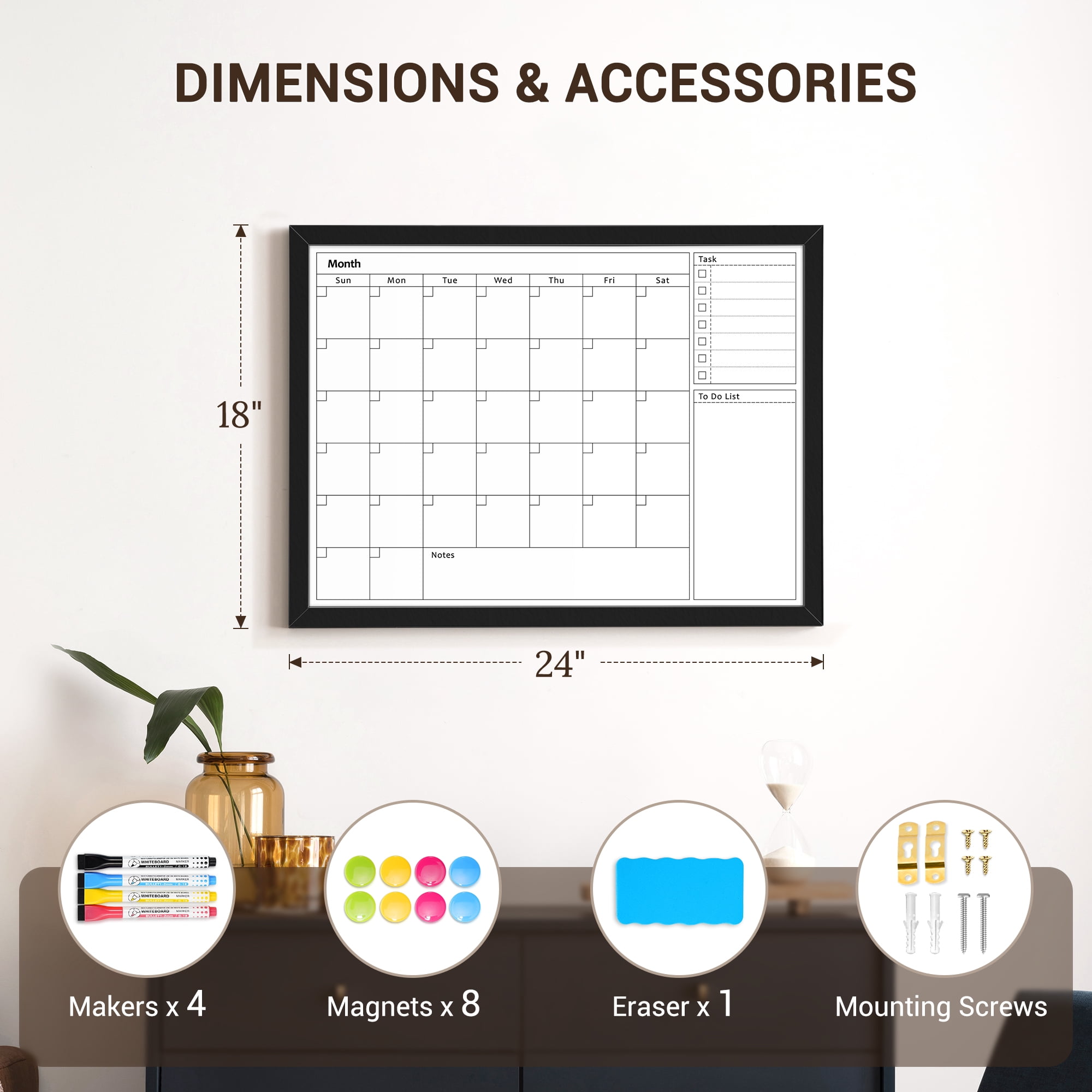 DOLLAR BOSS Calendar White Board Dry Erase Calendar Whiteboard 24" x 18" Wall Mount Magnetic Whiteboard Monthly Whiteboard Calendar for Home Office School Includes 1 Eraser & 4 Markers & 8 Magnets