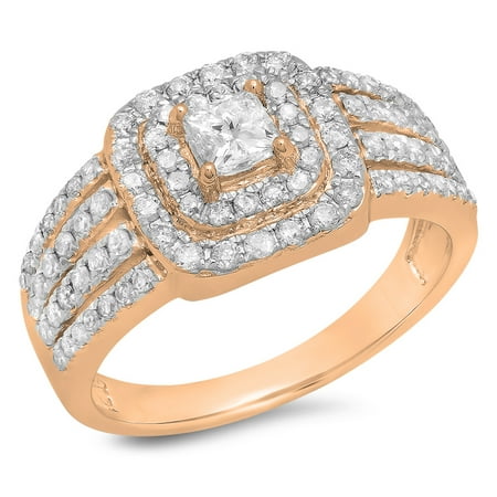 1.00 Carat (ctw) 10K Rose Gold Princess & Round Cut Diamond Ladies Split Shank Bridal Halo Engagement Ring 1 CT
