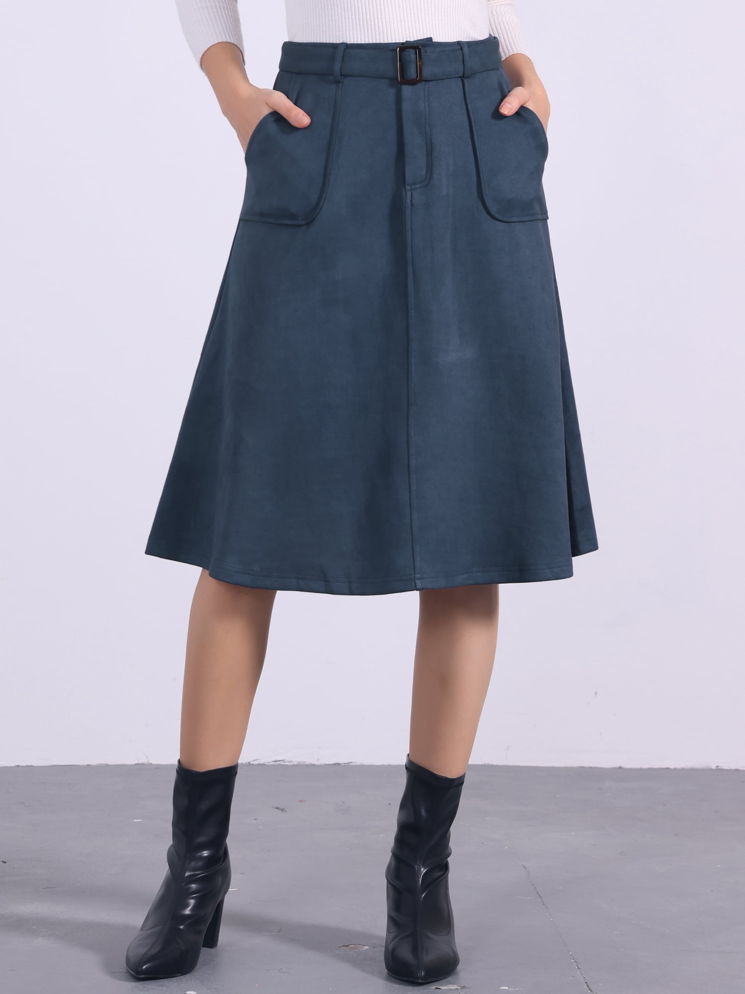 DARING DIVA Women's Faux Suede Pockets Stretch A-line Midi Skirt with Belt M Dark Blue