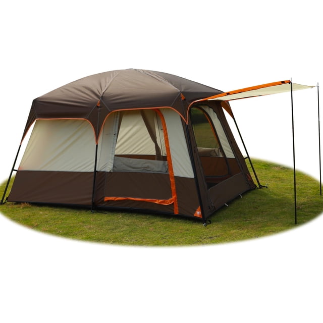 KTT Large Tent 6 Person,Family Cabin Tents,Straight Wall,3 Doors and 3 Windows with Mesh,Waterproof,Big Tent for Outdoor,Picnic,Camping,Family,Friends Gathering(Brown)