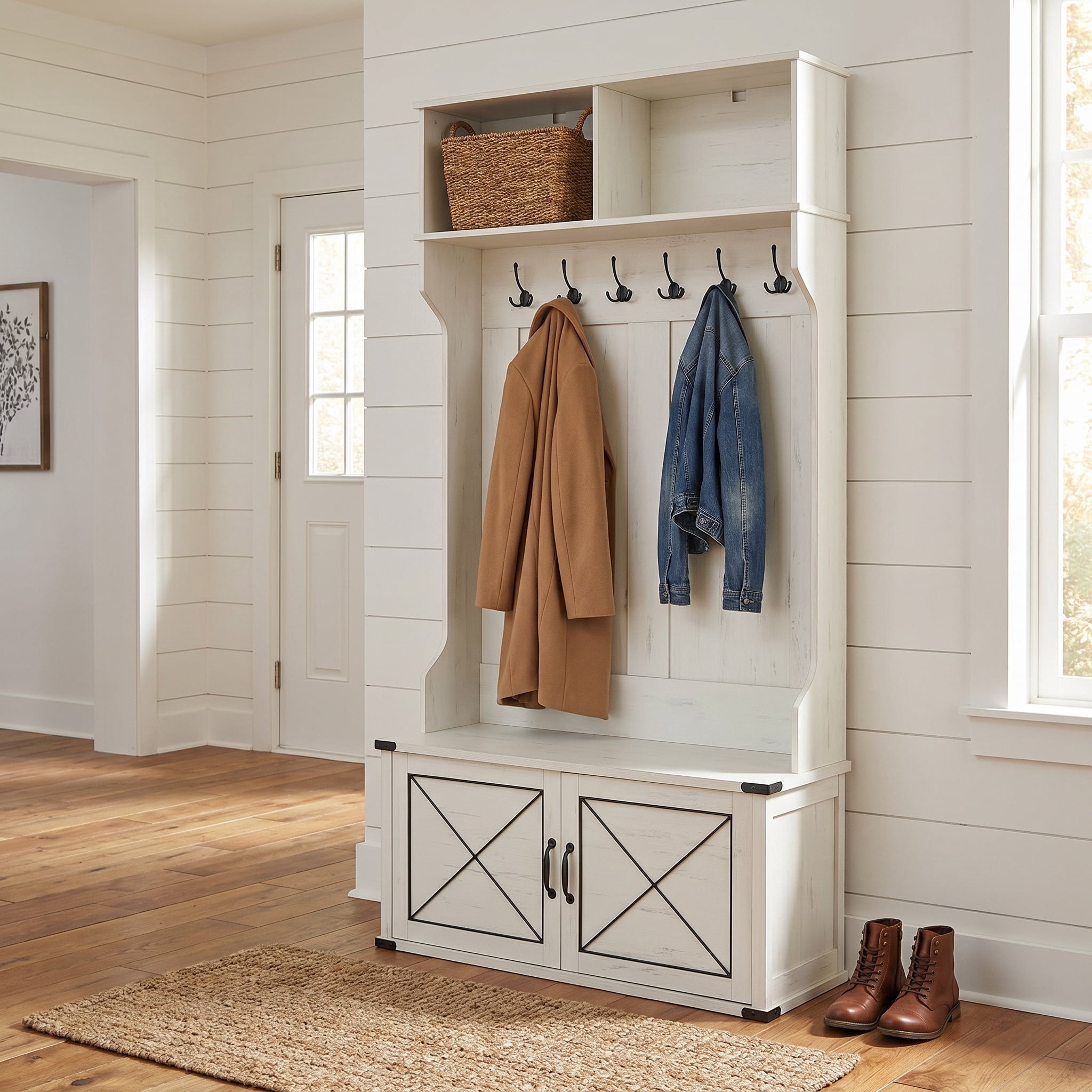 Nordic Hygge 3-in-1 Hall Tree with Coat Rack, Storage Bench, and Shoe Shelves, Rustic Brown and Black