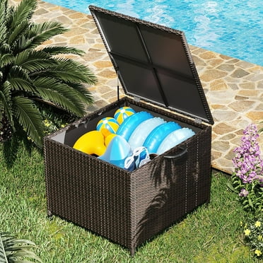 80 Gallon Large Deck Box Waterproof PE Rattan Outdoor Storage Box with Handles and Wheels, Storage Bin for Garden, Balcony, Porch, Pool, Yard