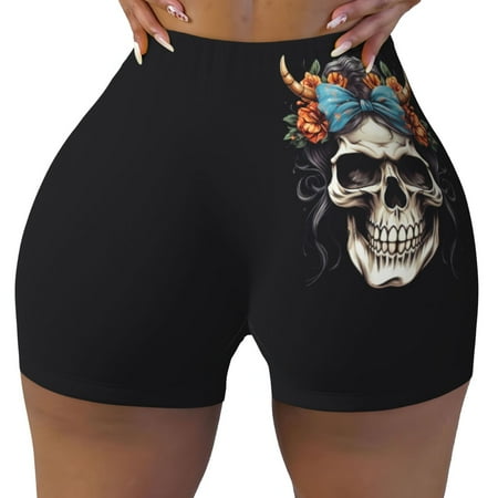 Workout Shorts Women  Bow Flower Skull Biker Shorts for Women Running Gym Spandex Shorts Tummy Control