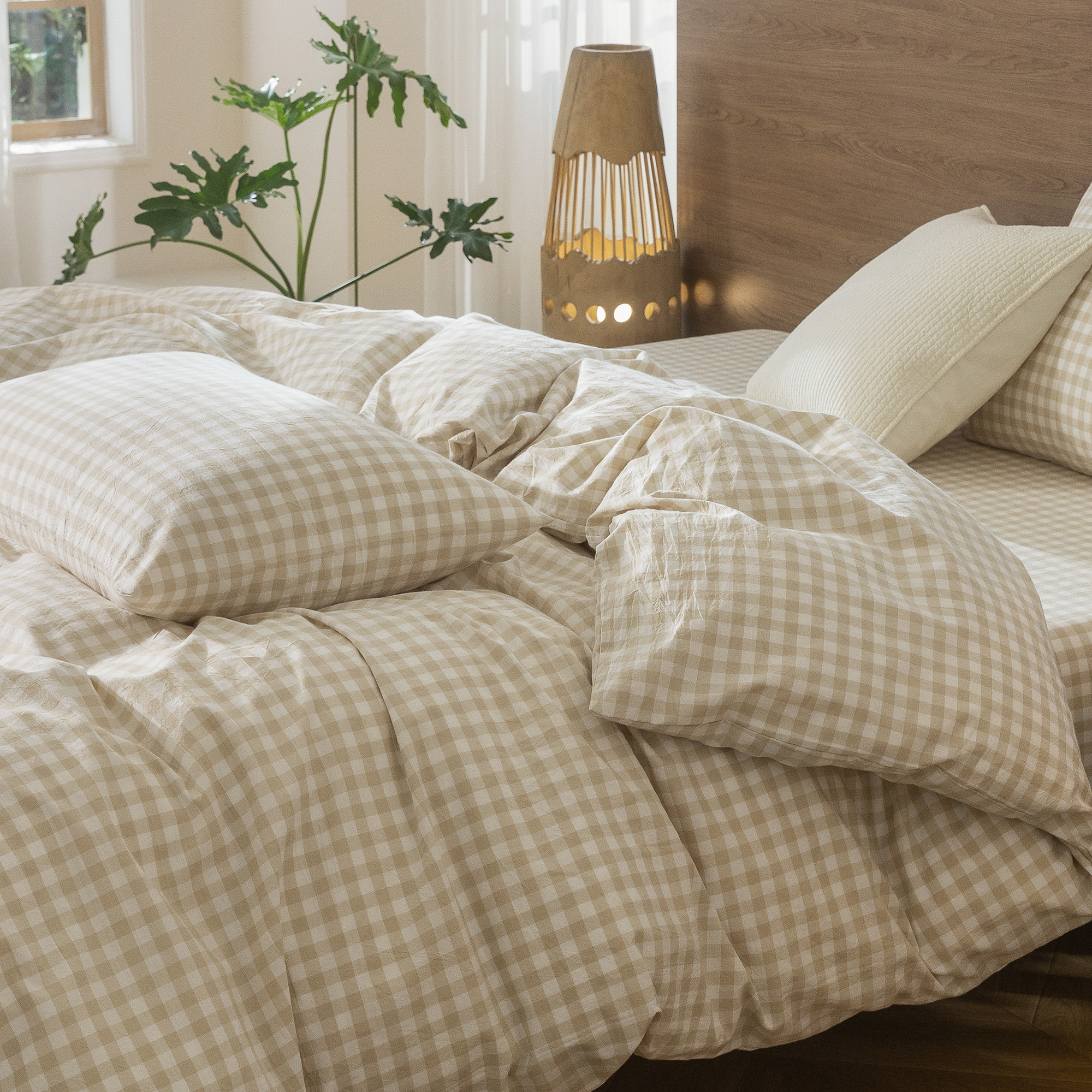 MooMee Gingham Duvet Cover Set King 100% Washed Cotton Linen Like Textured Breathable Lightweight 3-Piece (Almond Milk Grey, 104"x90")