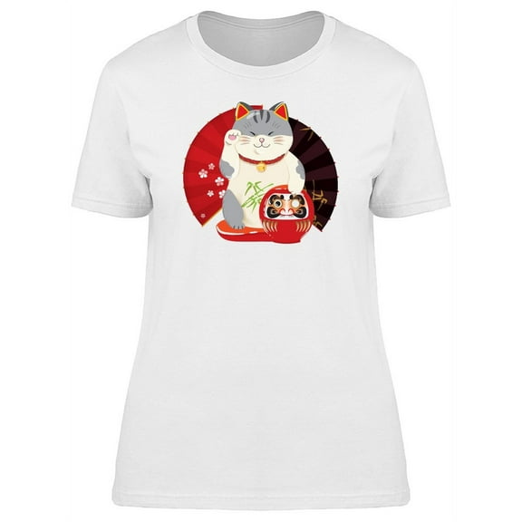Lucky Maneki Neko Cartoon Kitten T-Shirt Women -Image by Shutterstock, Female XX-Large