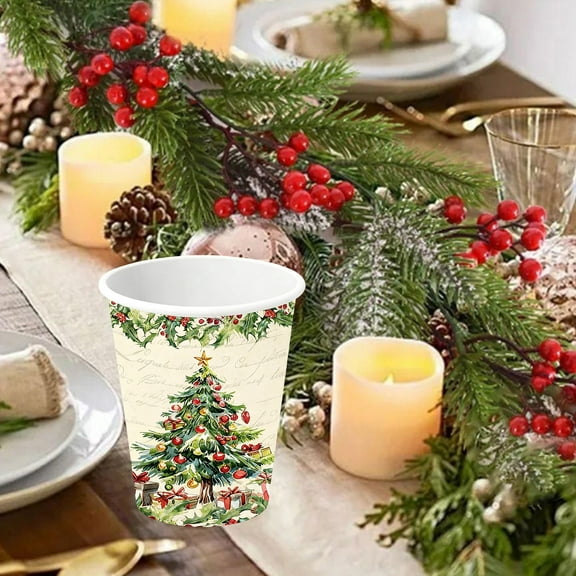 AuroraX Christmas Paper Cups Bulk Merry White 10 Pcs Christmas Paper Cups Natural Eco-Friendly Microwave-Safe Disposable Party Cups for Guests Family Gatherings Wedding
