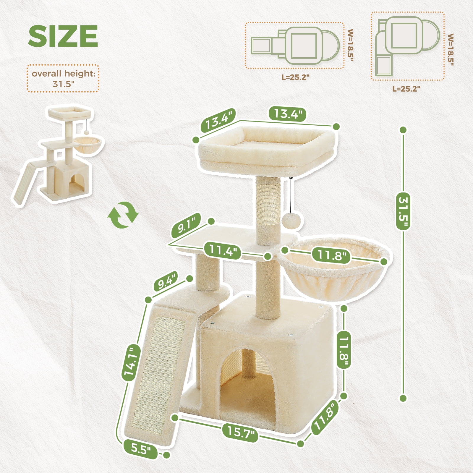 Pefilos 32" Cat Tree Tower, Cute Cat Condo with Sisal Scratching Ramp, Cozy Hammock and Removable Top Bed Perch for Indoor Kittens, Beige