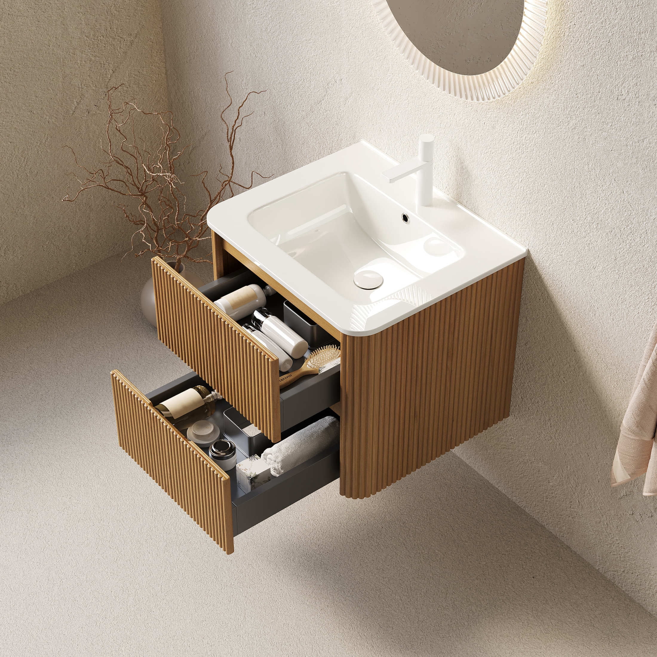 Noble House Noor 24" Floating Bathroom Vanity with Seamless Ceramic Basin, Retro Soft-Close Drawers, Oak