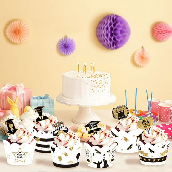 qILAKOG Paper Cake Cups, Graduation Party Cake Decoration Paper Cups, Graduation Celebration Theme Party Decoration Items, 6 Cake Cups, 6 Nameplates