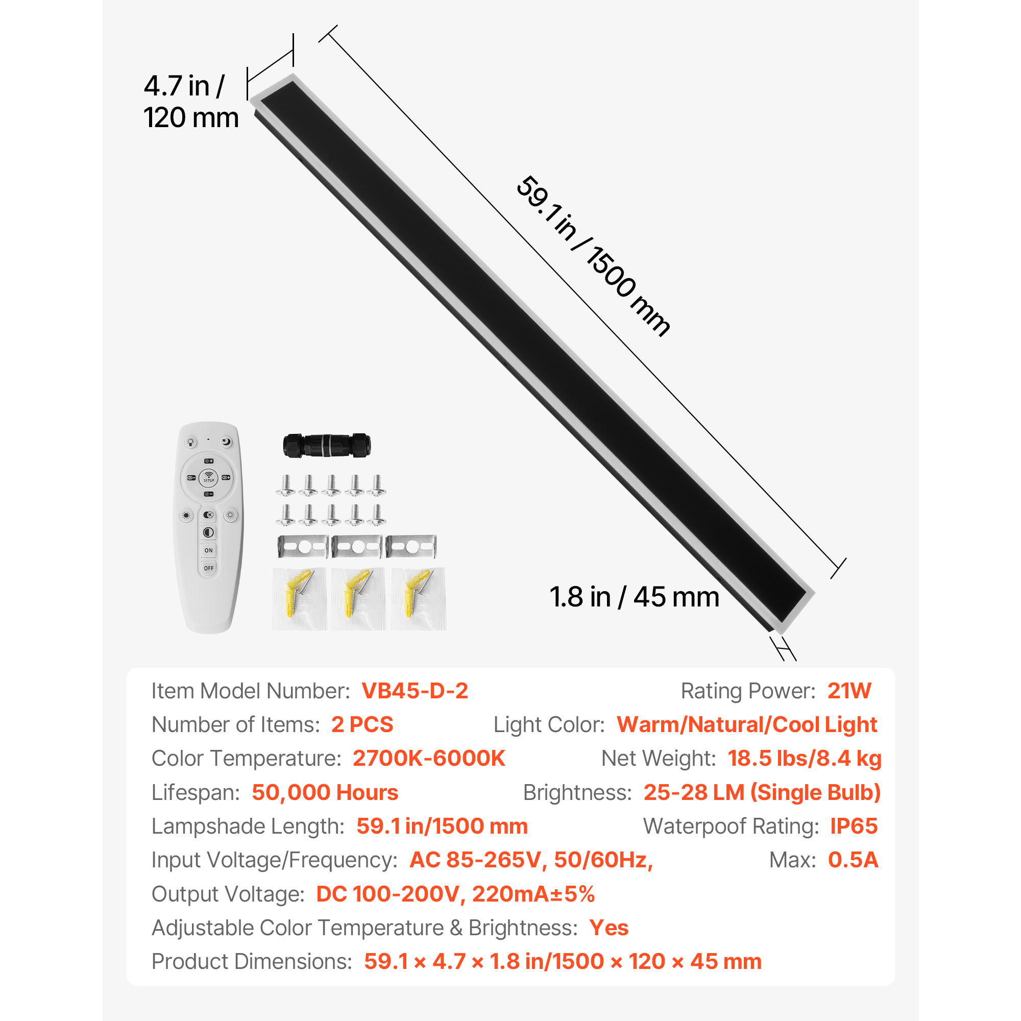 KFFKFF Outdoor Wall Lights, Set of 2, 59.1-Inch Modern Vertical Wall Sconce Fixtures, Adjustable Color Temperature 2700K-6000K, IP65 Waterproof, Rust-Resistant, Dimmable Exterior Lighting for Porch