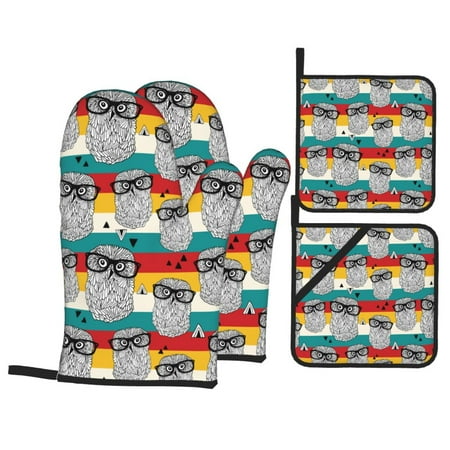 

Oven Mitts and Pot Holders Sets 4 pcs Black White Owl Colorful Stripes Non-Slip Oven Gloves Potholders Soft Quilted Lining Heat Resistant Gloves Hot Pads for Kitchen Cooking Baking
