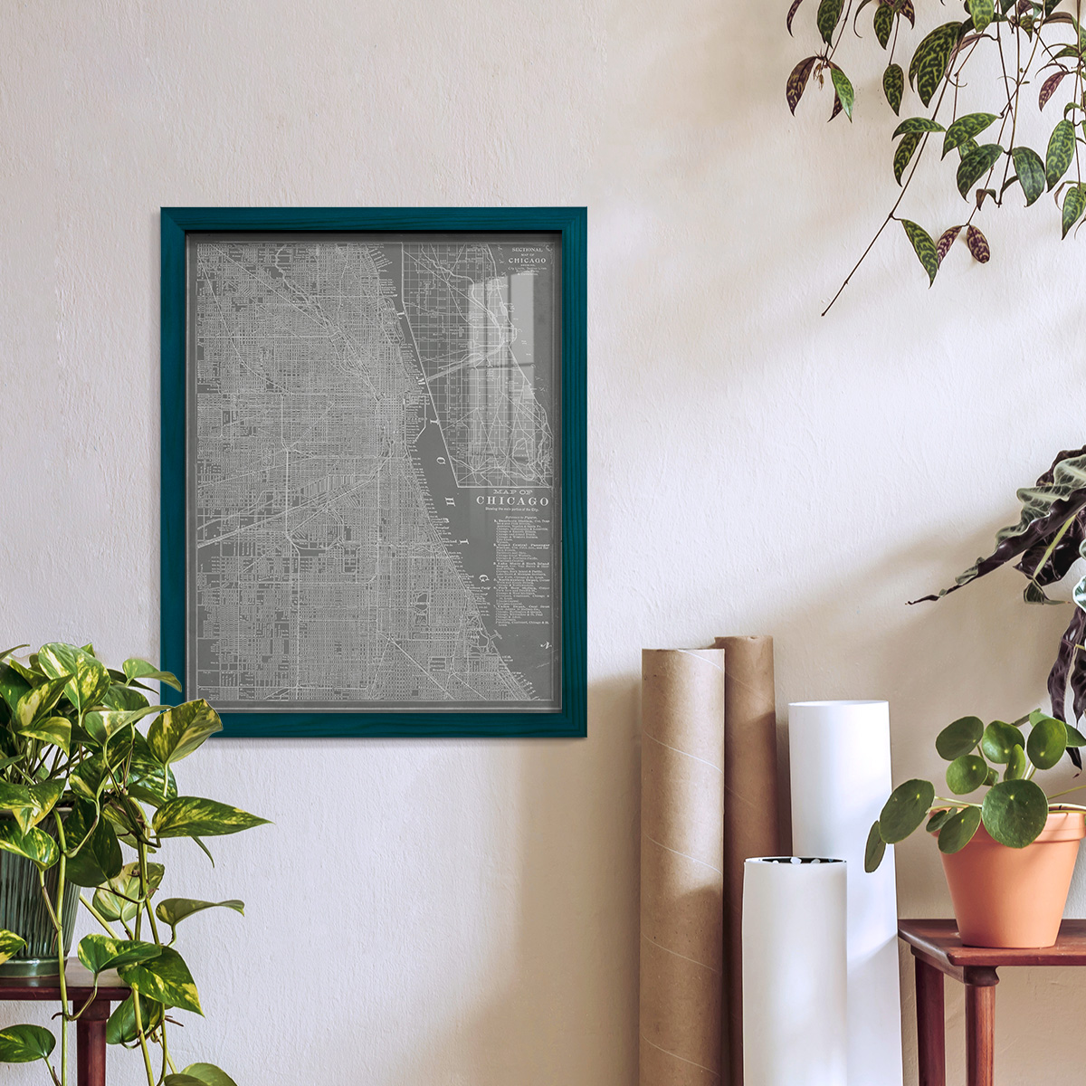 City Map of Chicago -Framed Print w/glass-Ocean Blue