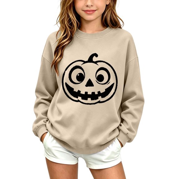 fnnxnal Girls Hall-oween Sweatshirt, Pumpkin Graphic Crewneck Pullover, Beige, Fall Outfit for Kids 2-13 Years,Size 7-8 T