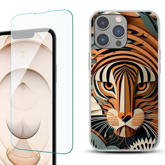 OneToughShield ® for iPhone 15 Pro Max Shockproof Fashion Phone Case, with Tempered Glass Screen Protector - Tiger Art