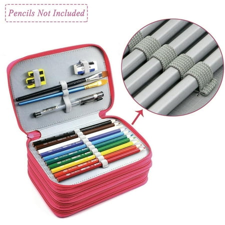 Leather Pencil - 72 Slots Pencil Case - PU Leather Handy Multi-layer Large Zipper Pen Bag with Handle Strap for Colored / Watercolor Pencils, Gel Pen, Makeup Brush, Small Marker and Sharpener (Pink)