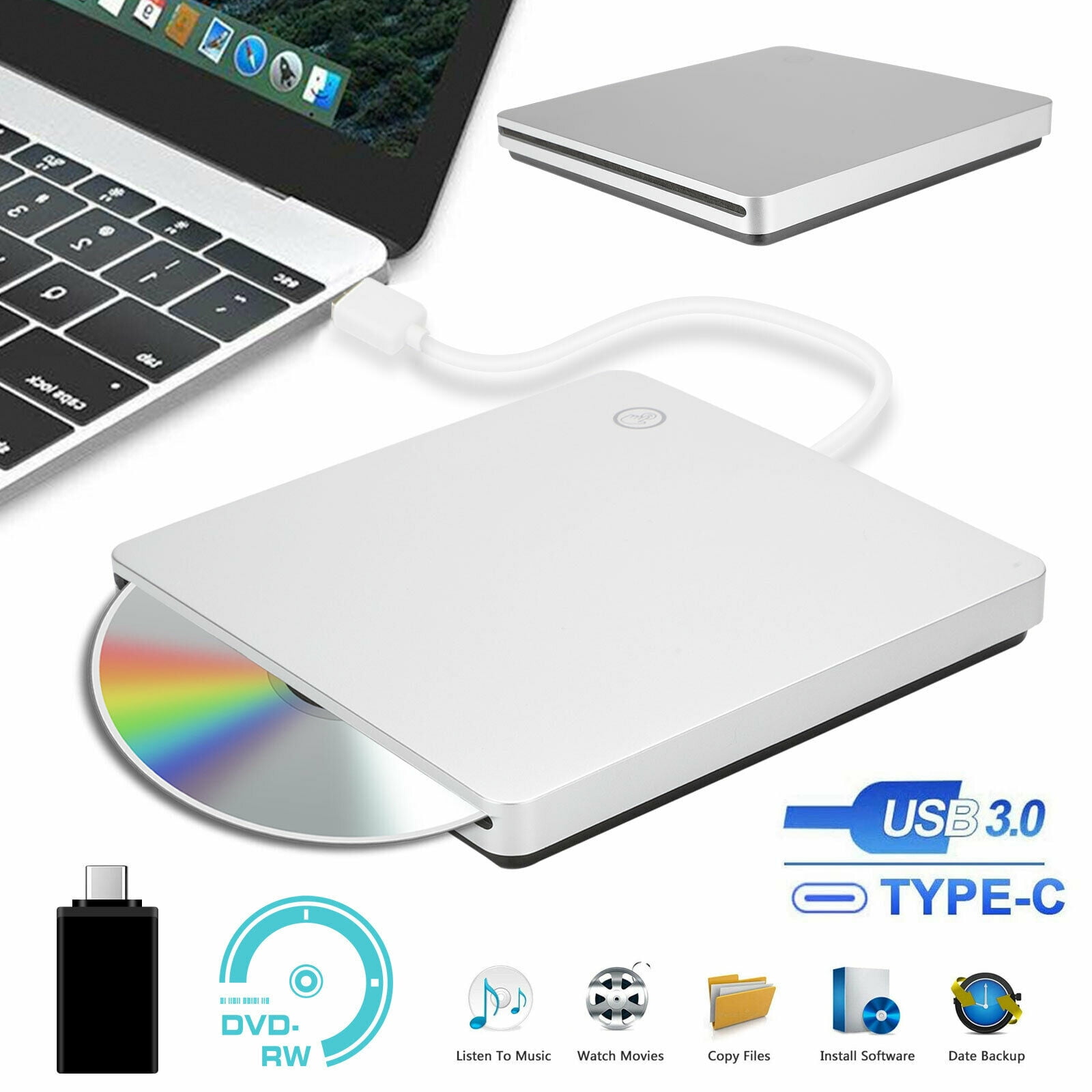 Slim USB3.0 External CDROM CDR CDRW DVDROM Drive Writer Burner For