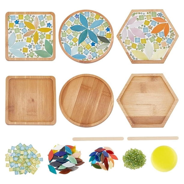 Juego de 3 Piezas para Manualidades con Mosaico Hojas, Juego Posavasos Mosaico Bambú para Manualidades, Mosaicos de Vidrio para Manualidades, Decoración Hogar, Regalo Cumpleaños