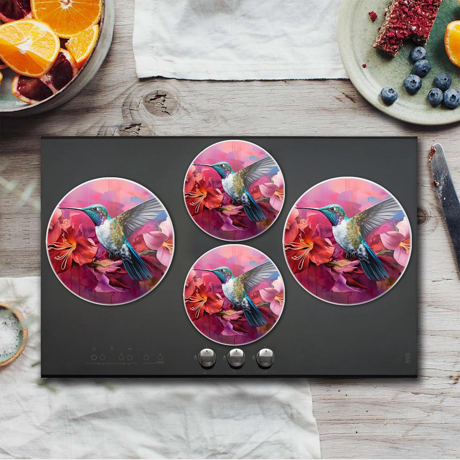 Bahomeck Gas Stove Burner Cover Set Of 4，Hummingbird Bird On Red Flower Metal Stove Burner Covers，Electric Stove Burner Covers,Protecting Gas Stoves,Kitchen Decor，8 Inches And 10 Inches