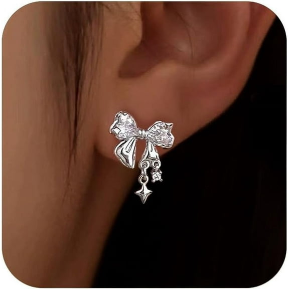 Bow Earrings for Women 925 Sterling Silver Rhinestone Bow Earrings Cute CZ Bow Knot Stud Earrings Dainty Ribbon Star Dangle Earrings Jewelry Birthday Wedding Prom Gifts for Mom
