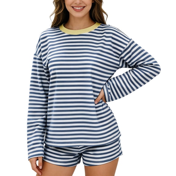 WAYUTE Shorts Sets Women 2 Piece Outfits Casual Loose Fit Striped Long Sleeve Pullover and Shorts Comfortable Summer Relaxed Outdoor Wear