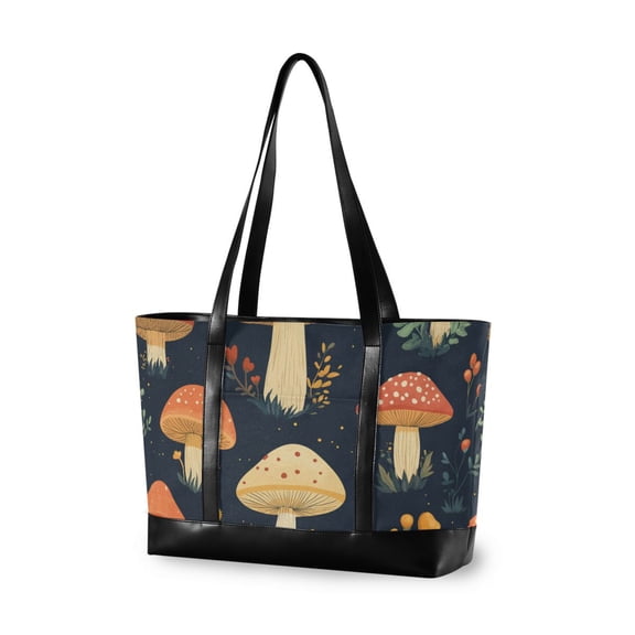 FORMRS Canvas Laptop Tote Bag for Women with 15.6" Computer Compartments Shoulder Handbag, Black Mushroom Pattern