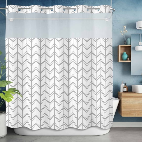 No Hooks Shower Curtain with Snap, Abstract Herringbone Pattern Shower Curtains Waterproof Bathroom Curtain with See Through Top Window,Hotel Style,72x72in Modern Gray White Zigzag