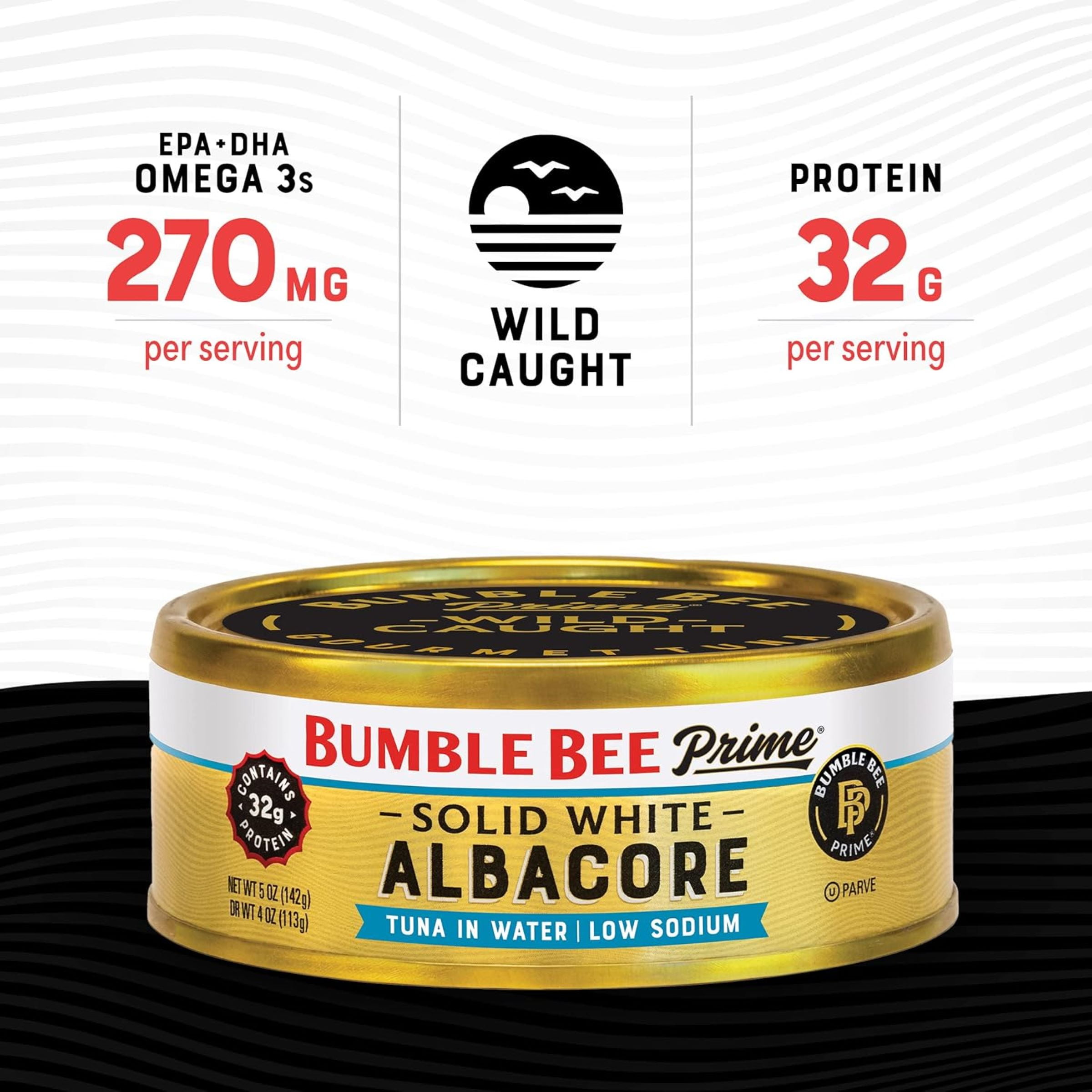 (8 pack) Bumble Bee Prime Low Sodium Solid White Albacore Tuna in Water, Wild Caught, Gluten Free, 32g Protein per Serving, Shelf Stable Can, 5oz