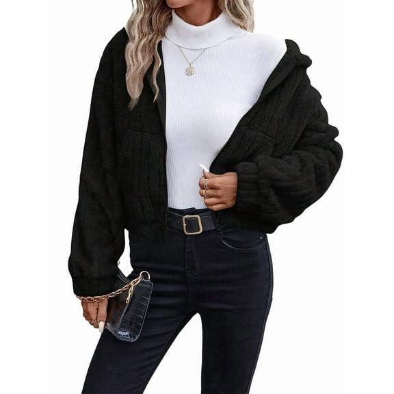 Women'S Fleece Jacket Women Full Zip Long Sleeve Hooded Coat Outerwear with Pockets Black L