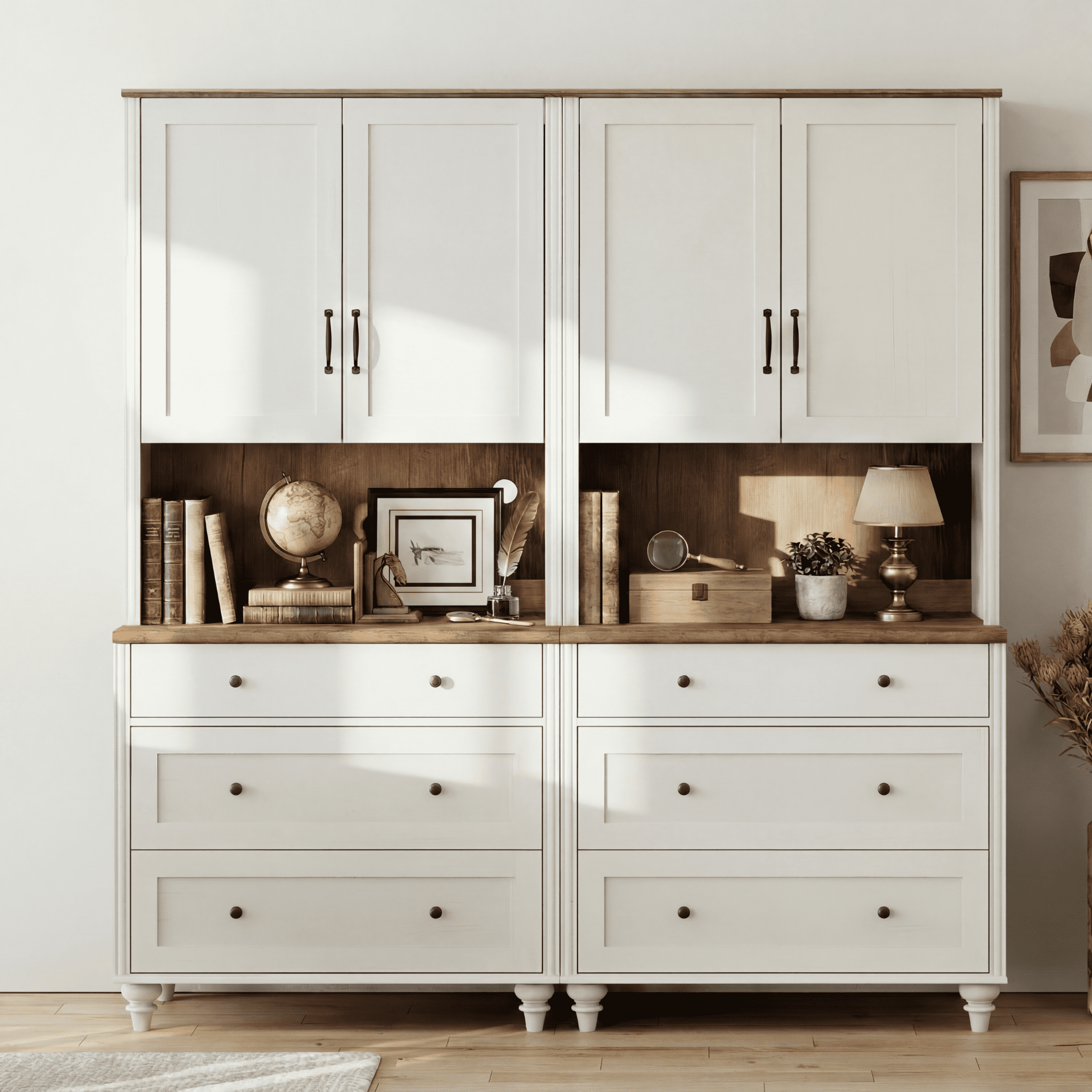 Sideboard Buffet Cabinet with Storage, 5-Tier Bookcase with Ample Storages, Bookshelf with 6 Drawers, Wood Bookshelves for Living Room, Office, Study Room, White, 72" H