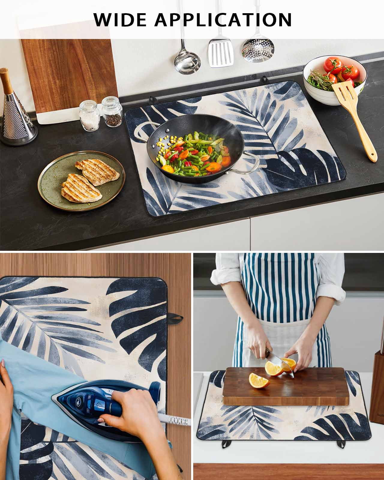 nqOlkjepod Large Induction Cooktop Protector Mat 24"x21", Navy Blue Palm Leaves Stove Top Covers for Electric Stove, Tropical Botanical Retro Stove Burner Cover Mats, Glass Top Stove Cover