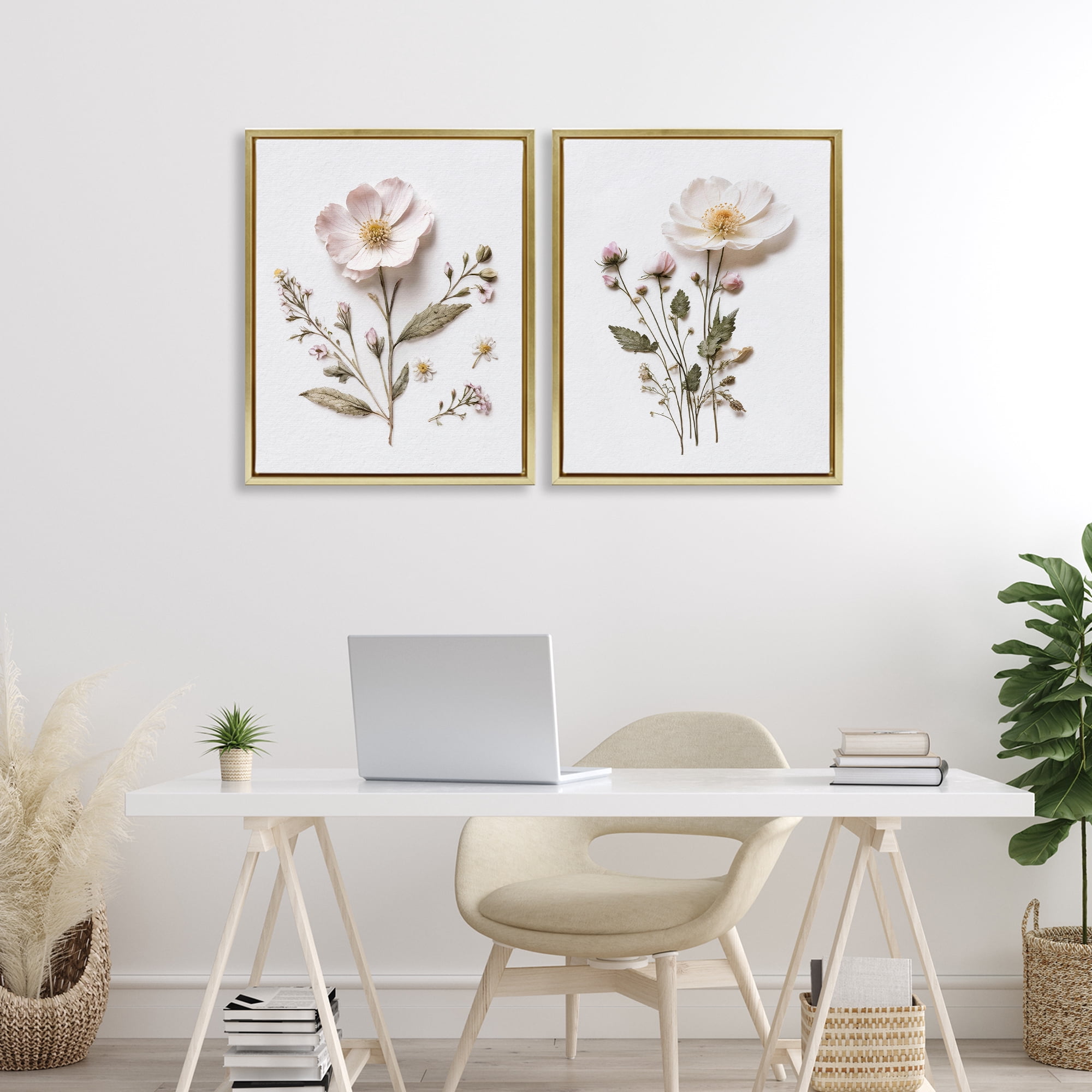 Minimal Pressed Flowers 2 Piece Gold Framed Floater Canvas Set, design by Lettered and Lined
