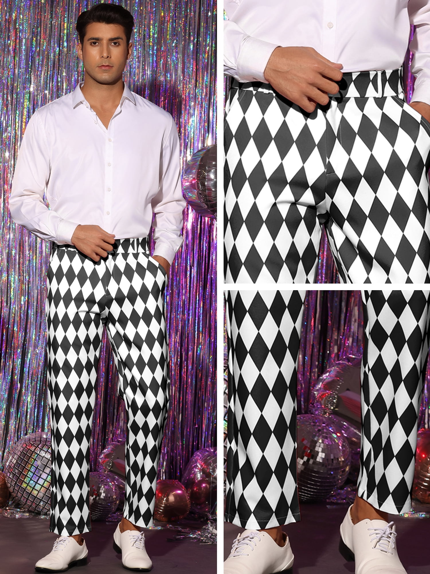 DARING DIVA Men's Argyle Pattern Regular Fit Flat Front Party Prom Trousers 32 Black White