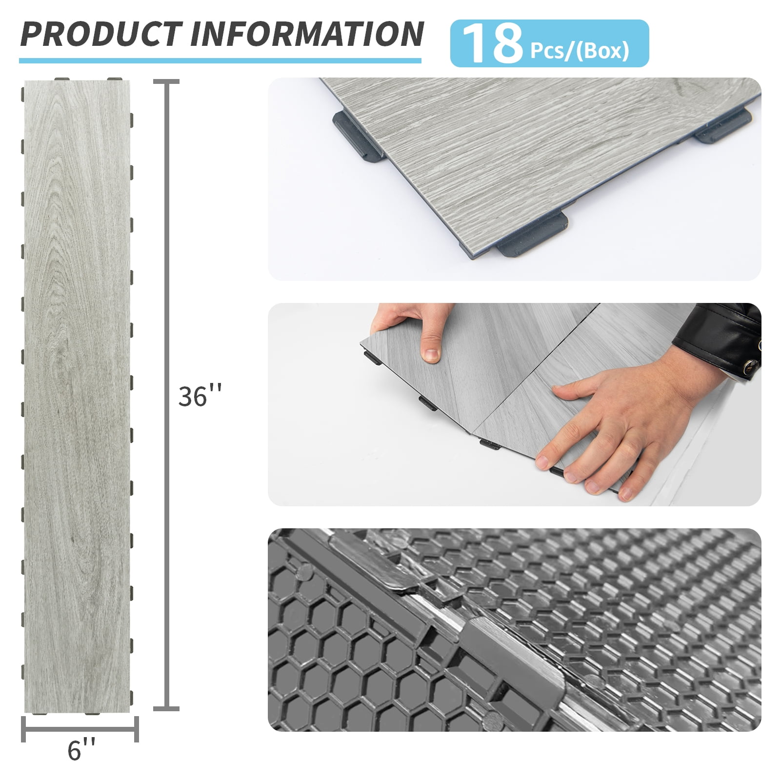 Art3d 18-Pack 36" x 6" Interlocking Luxury Vinyl Flooring Tile，Cover 27 Sq. Ft-Venice Ash